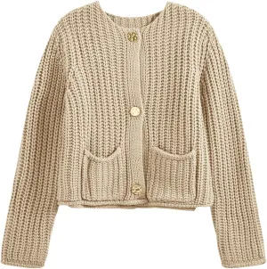 Saodimallsu Womens Button Up Sweaters Fall Chunky Knit Cropped Trendy Crewneck Loose Cardigan with Pockets