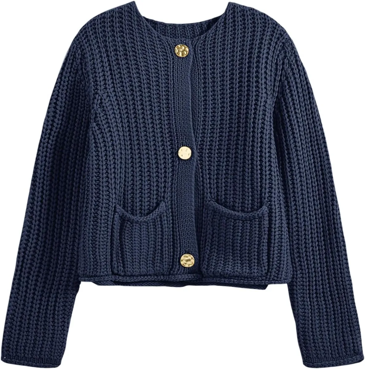 Saodimallsu Womens Button Up Sweaters Fall Chunky Knit Cropped Trendy Crewneck Loose Cardigan with Pockets