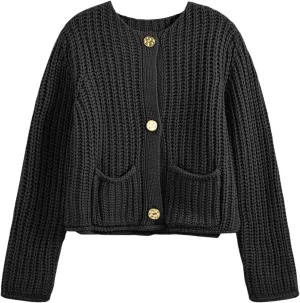 Saodimallsu Womens Button Up Sweaters Fall Chunky Knit Cropped Trendy Crewneck Loose Cardigan with Pockets
