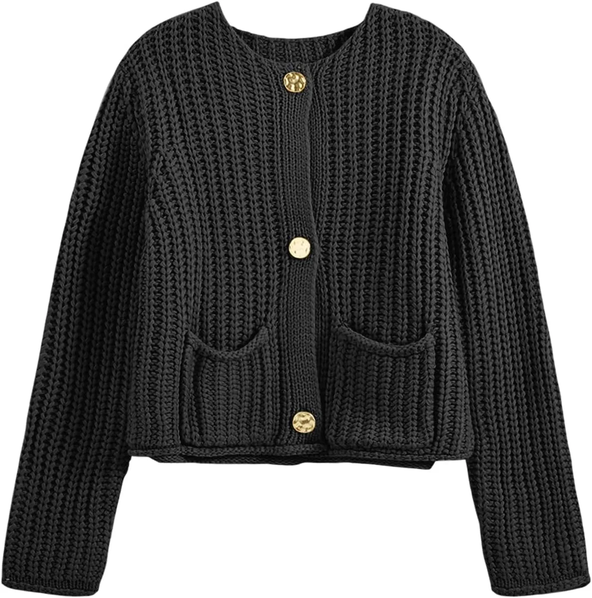 Saodimallsu Womens Button Up Sweaters Fall Chunky Knit Cropped Trendy Crewneck Loose Cardigan with Pockets