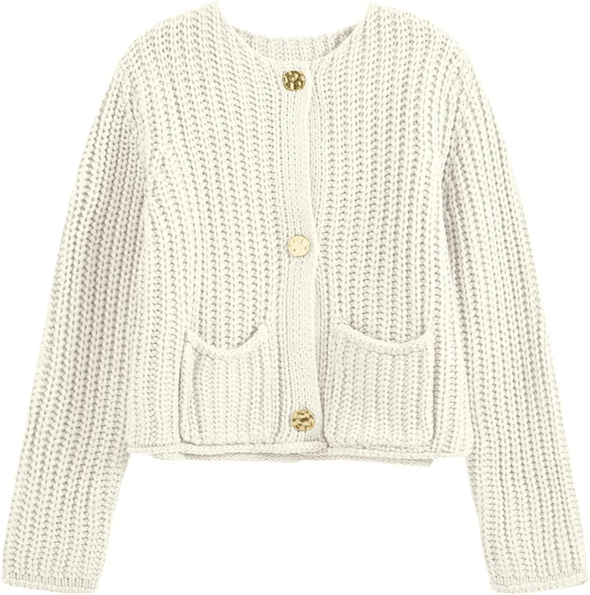Saodimallsu Womens Button Up Sweaters Fall Chunky Knit Cropped Trendy Crewneck Loose Cardigan with Pockets