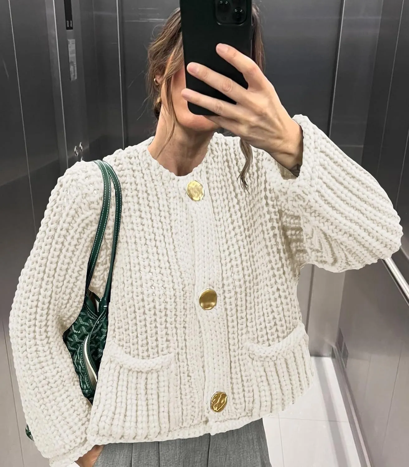 Saodimallsu Womens Button Up Sweaters Fall Chunky Knit Cropped Trendy Crewneck Loose Cardigan with Pockets