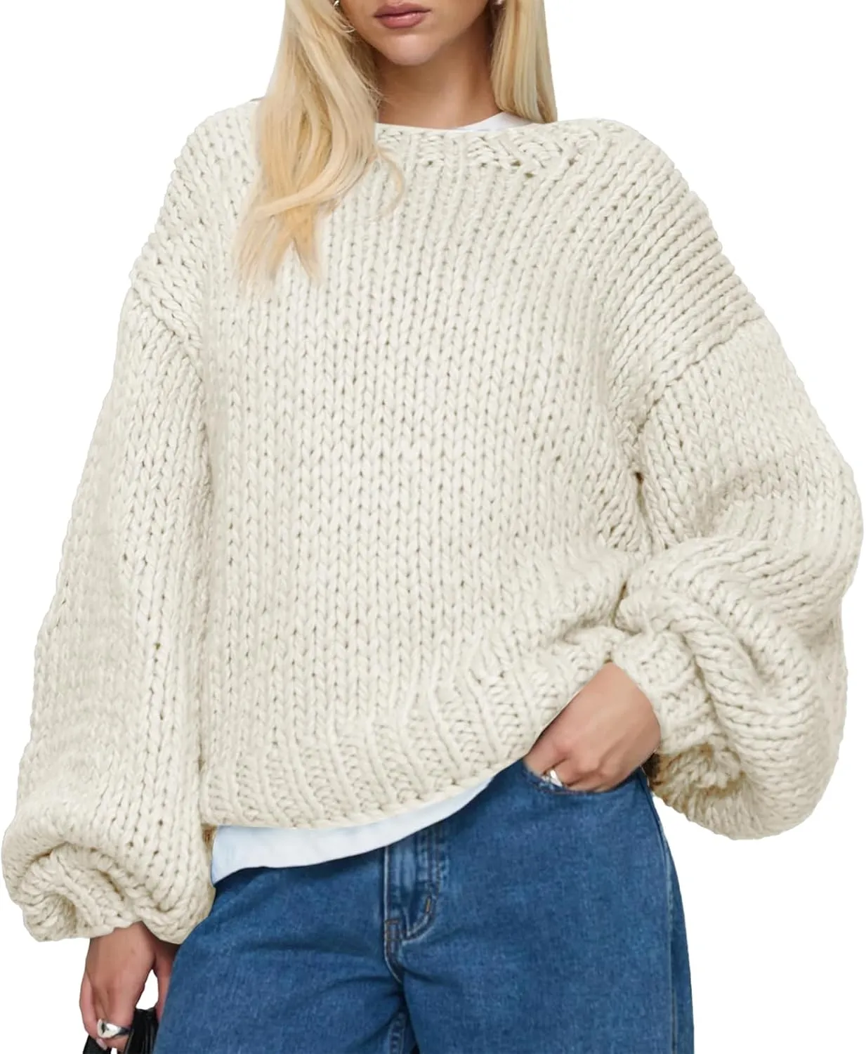 Saodimallsu Womens Oversized Sweater Chunky Knit Puff Long Sleeve Crewneck Fall Winter Casual Pullover Tops