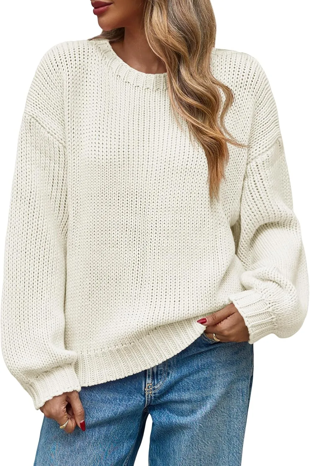 Saodimallsu Womens Oversized Sweater Chunky Knit Puff Long Sleeve Crewneck Fall Winter Casual Pullover Tops