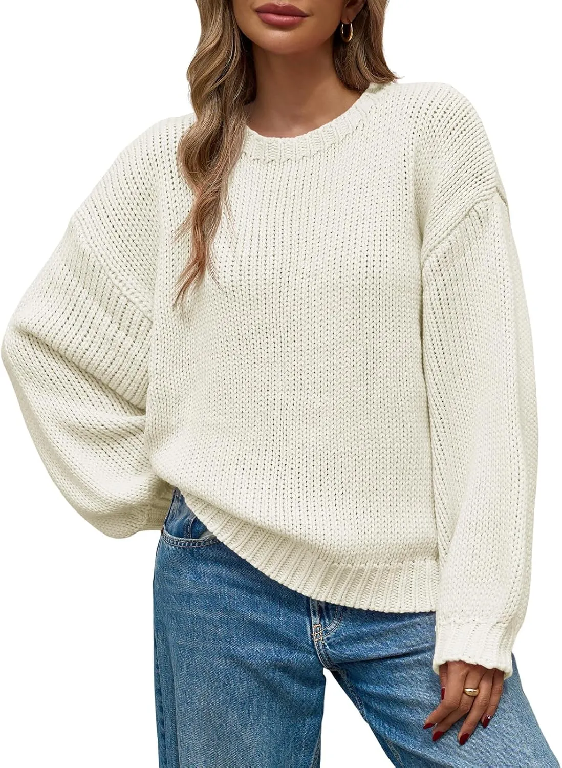 Saodimallsu Womens Oversized Sweater Chunky Knit Puff Long Sleeve Crewneck Fall Winter Casual Pullover Tops
