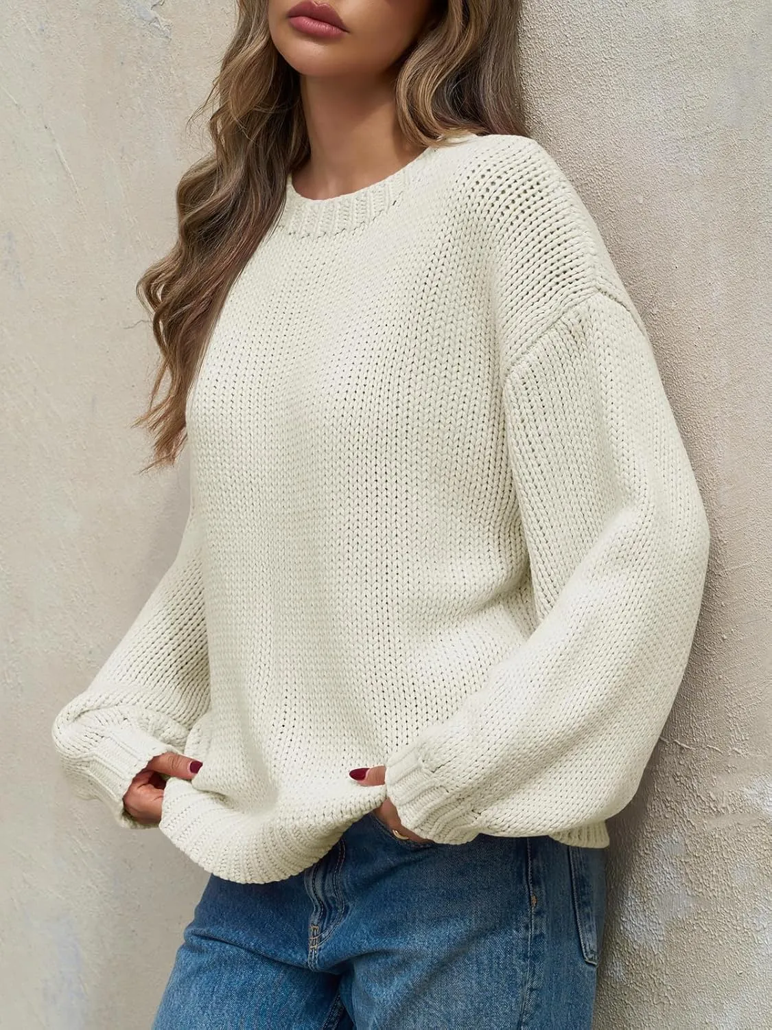 Saodimallsu Womens Oversized Sweater Chunky Knit Puff Long Sleeve Crewneck Fall Winter Casual Pullover Tops
