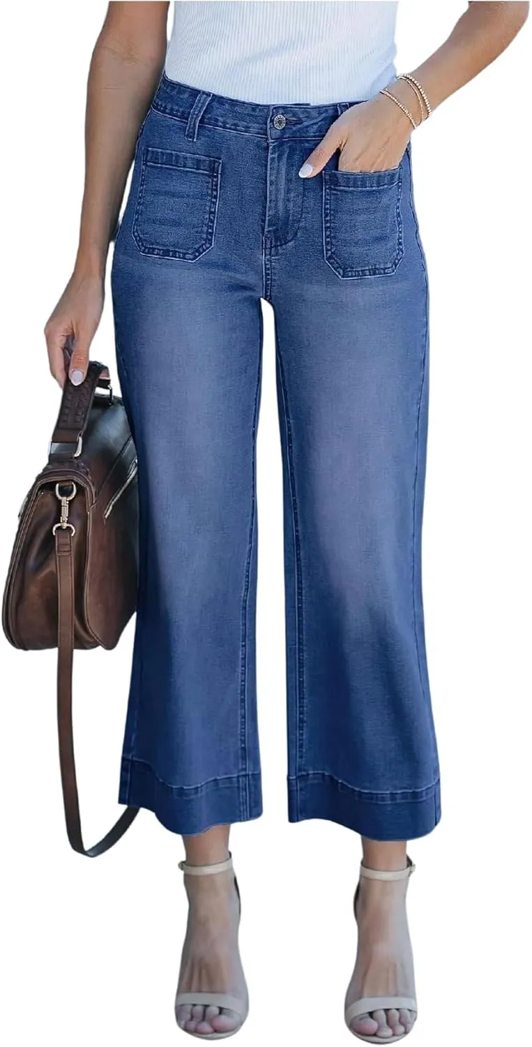 SHENHE Women's Wide Leg Cropped Jeans High Waisted Loose Baggy Stretch Front Pocket Denim Pants