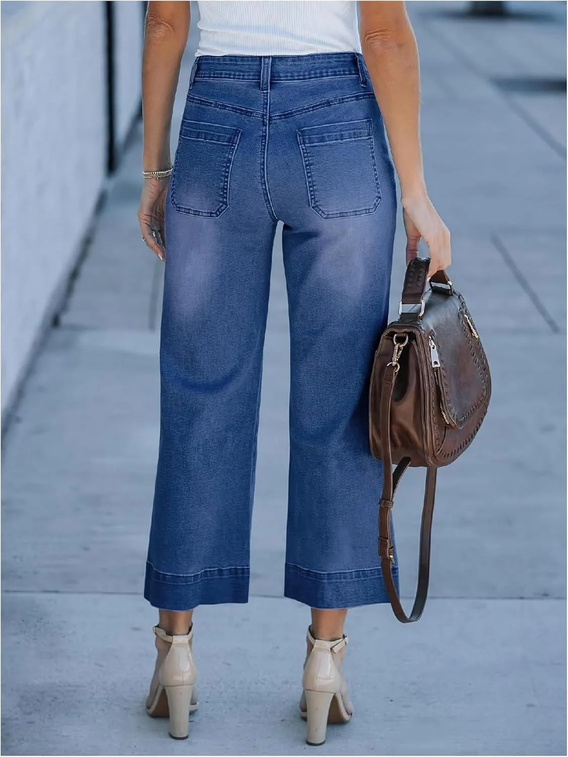 SHENHE Women's Wide Leg Cropped Jeans High Waisted Loose Baggy Stretch Front Pocket Denim Pants