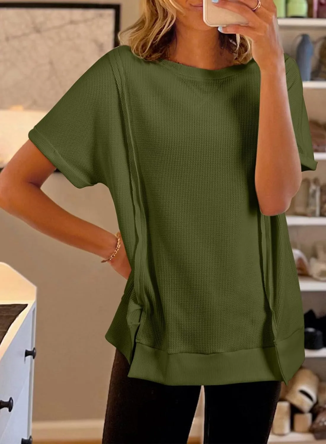 SHEWIN Women's T Shirts Casual Crewneck Waffle Knit Tunic Tops Loose Short Sleeve Shirt Blouse