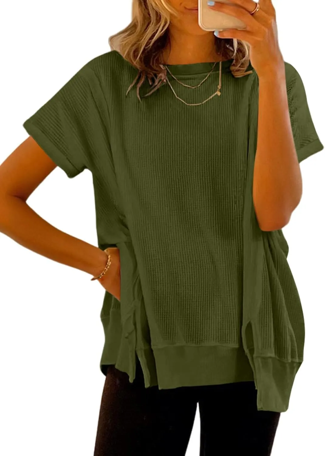 SHEWIN Women's T Shirts Casual Crewneck Waffle Knit Tunic Tops Loose Short Sleeve Shirt Blouse