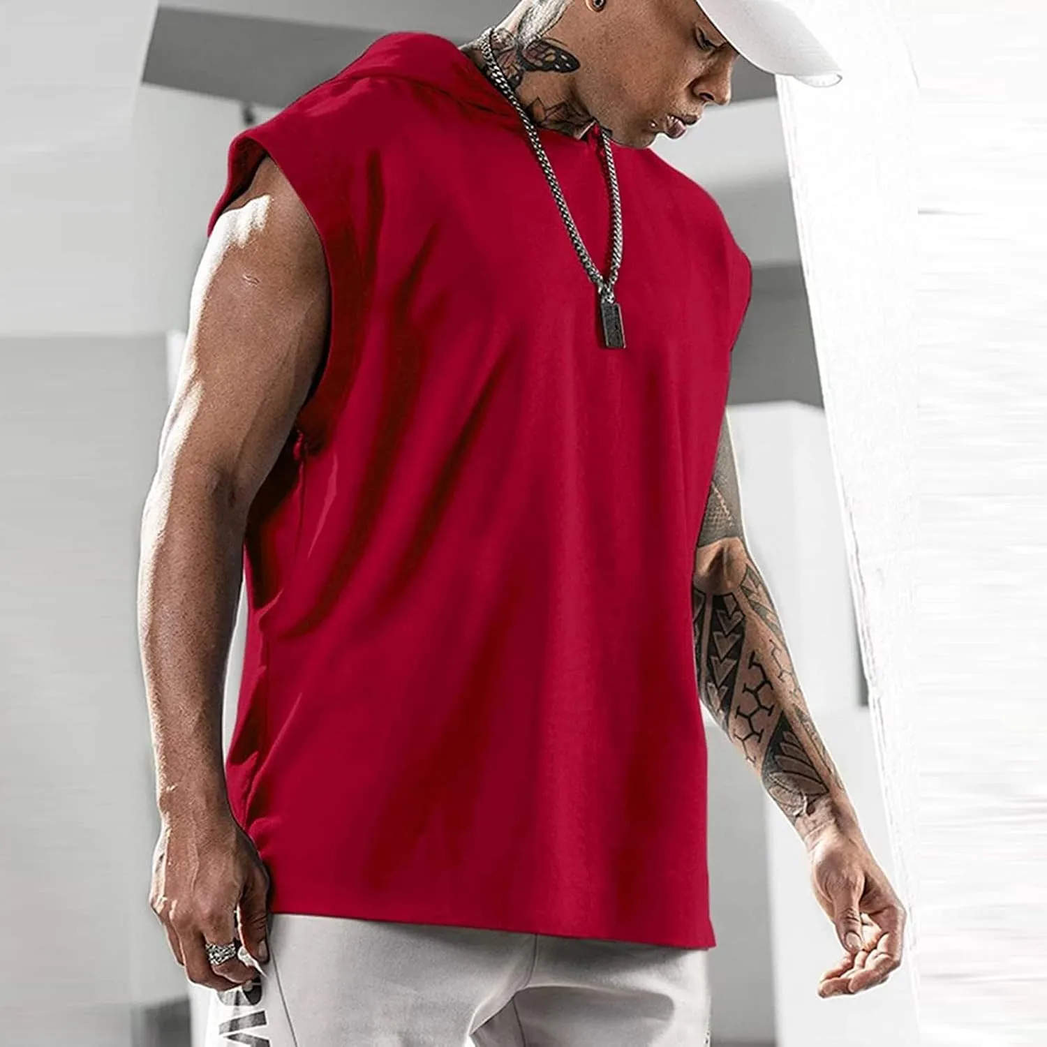 Sleeveless Hoodies for Men Summer Workout Tank Tops Lightweight Cut Off T Shirt Bodybuilding Shirts Solid Color Tees