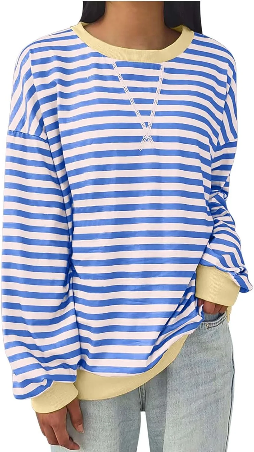 Striped Color Block Sweatshirt for Women Oversized Casual Crewneck Tops Long Sleeve Fleece Fashion Loose Fit Sweater