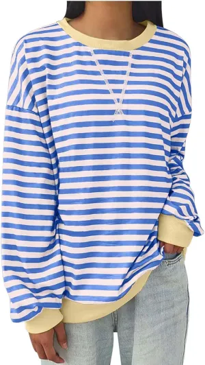 Striped Color Block Sweatshirt for Women Oversized Casual Crewneck Tops Long Sleeve Fleece Fashion Loose Fit Sweater