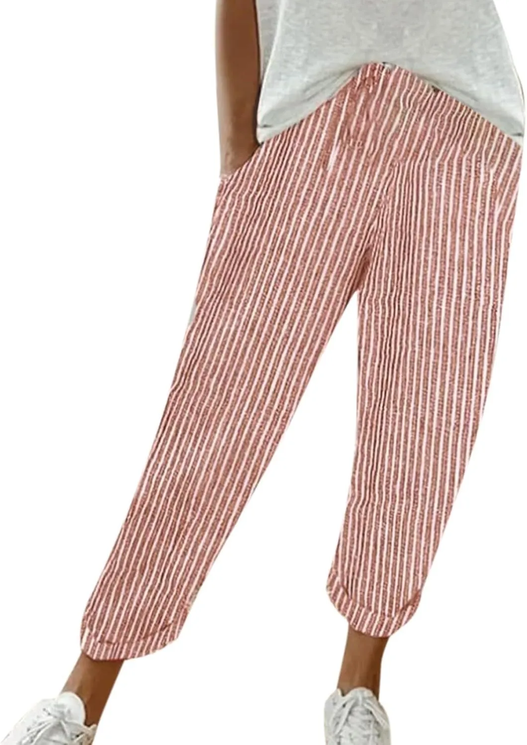 Striped Linen Pants Women Casual High Waisted Wide Leg Cropped Pants Summer Boho Gauze Capri Pant with Pockets