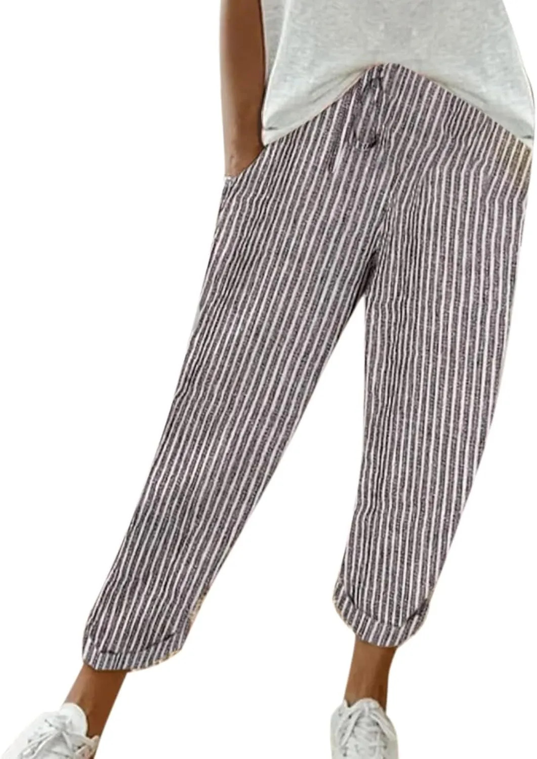 Striped Linen Pants Women Casual High Waisted Wide Leg Cropped Pants Summer Boho Gauze Capri Pant with Pockets