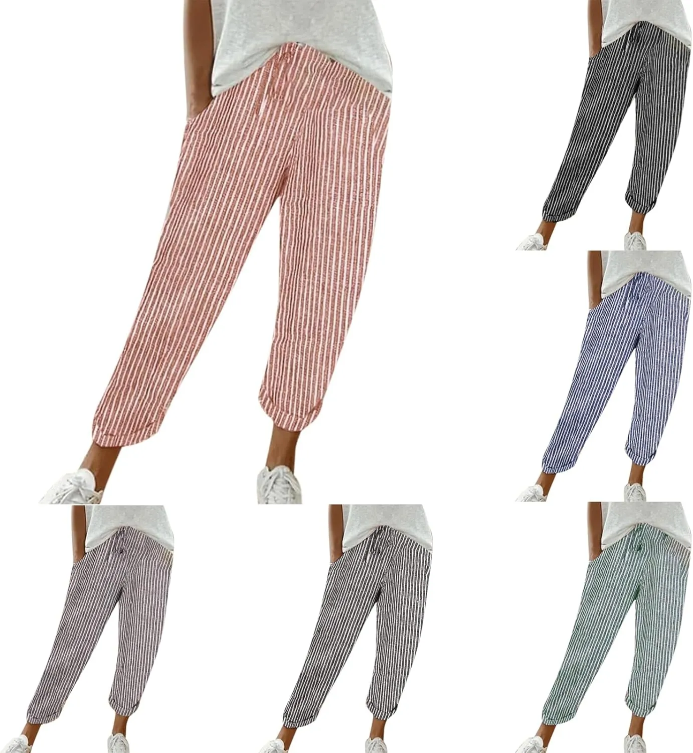 Striped Linen Pants Women Casual High Waisted Wide Leg Cropped Pants Summer Boho Gauze Capri Pant with Pockets