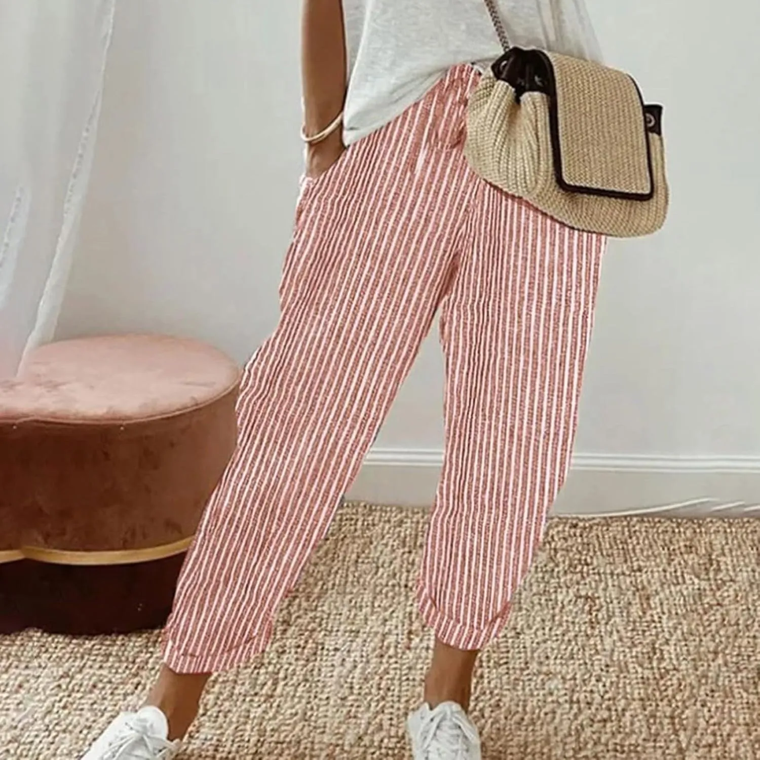 Striped Linen Pants Women Casual High Waisted Wide Leg Cropped Pants Summer Boho Gauze Capri Pant with Pockets