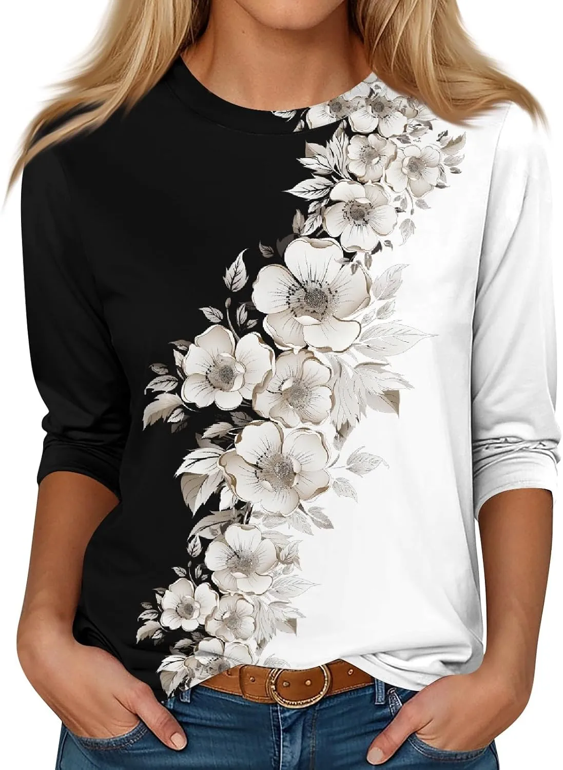 Summer Shirts for Women 3/4 Length Sleeve Crewneck Tops Trendy Loose Casual Printed Three Quarter Cute Blouse