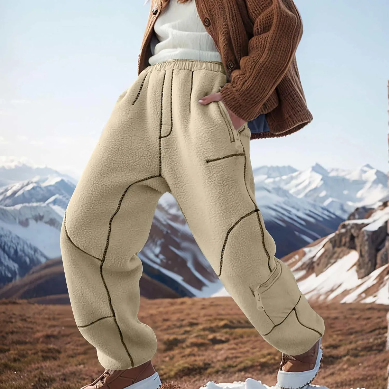 Sweatpants for Women Fleece Sherpa Fluffy Snow Pants Winter Warm Baggy Ski Pants with Pocket