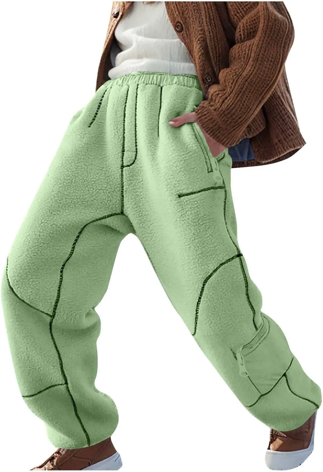 Sweatpants for Women Fleece Sherpa Fluffy Snow Pants Winter Warm Baggy Ski Pants with Pocket