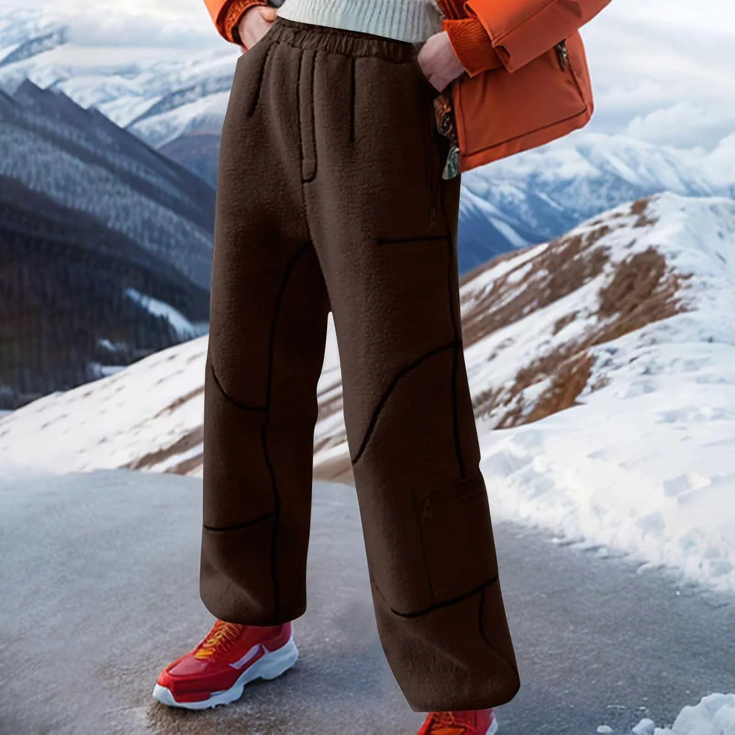 Sweatpants for Women Fleece Sherpa Fluffy Snow Pants Winter Warm Baggy Ski Pants with Pocket
