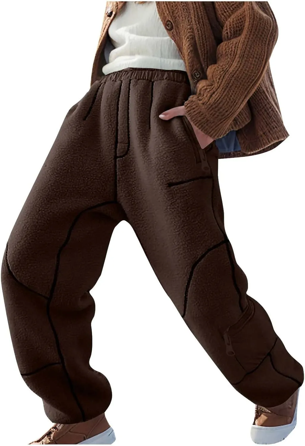 Sweatpants for Women Fleece Sherpa Fluffy Snow Pants Winter Warm Baggy Ski Pants with Pocket