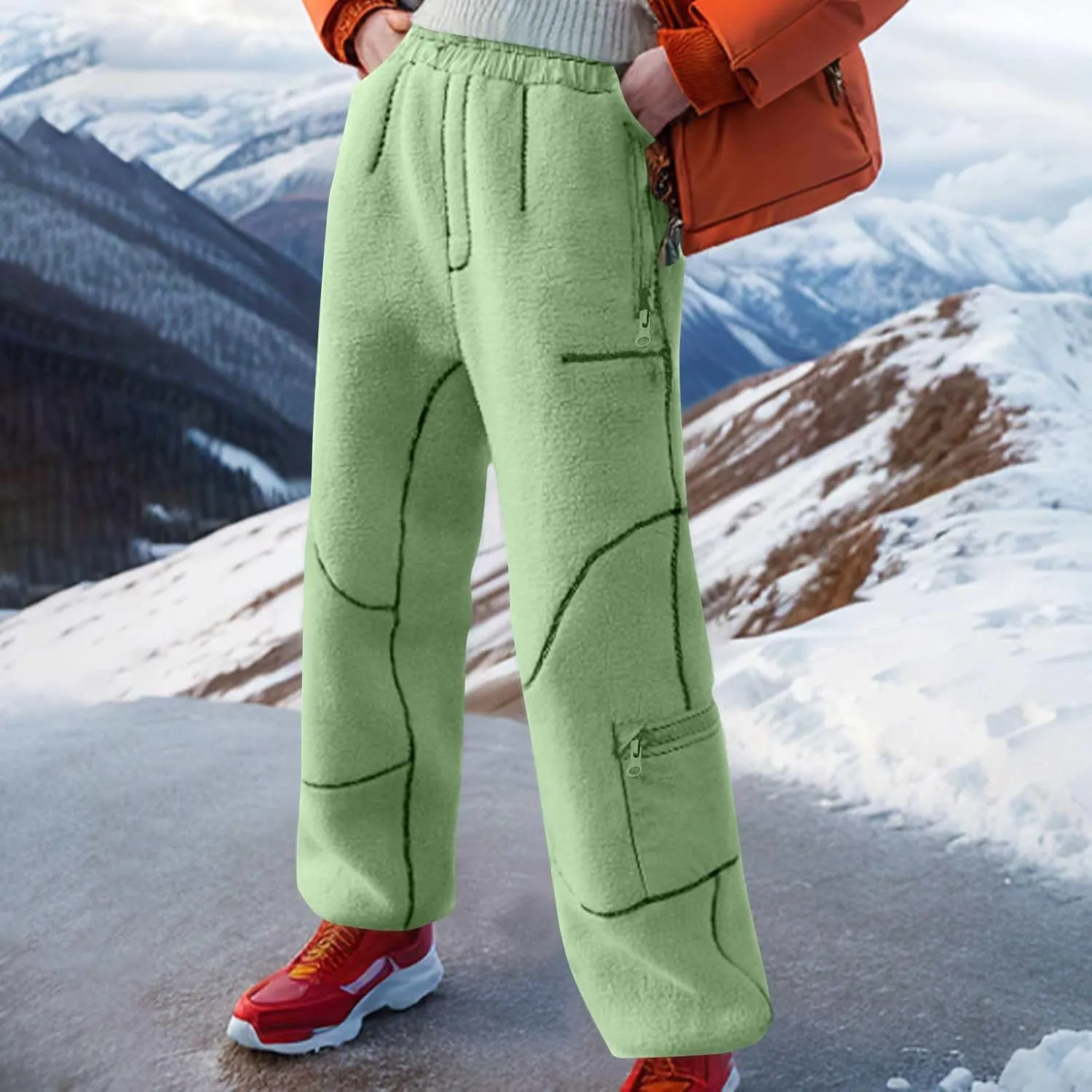 Sweatpants for Women Fleece Sherpa Fluffy Snow Pants Winter Warm Baggy Ski Pants with Pocket