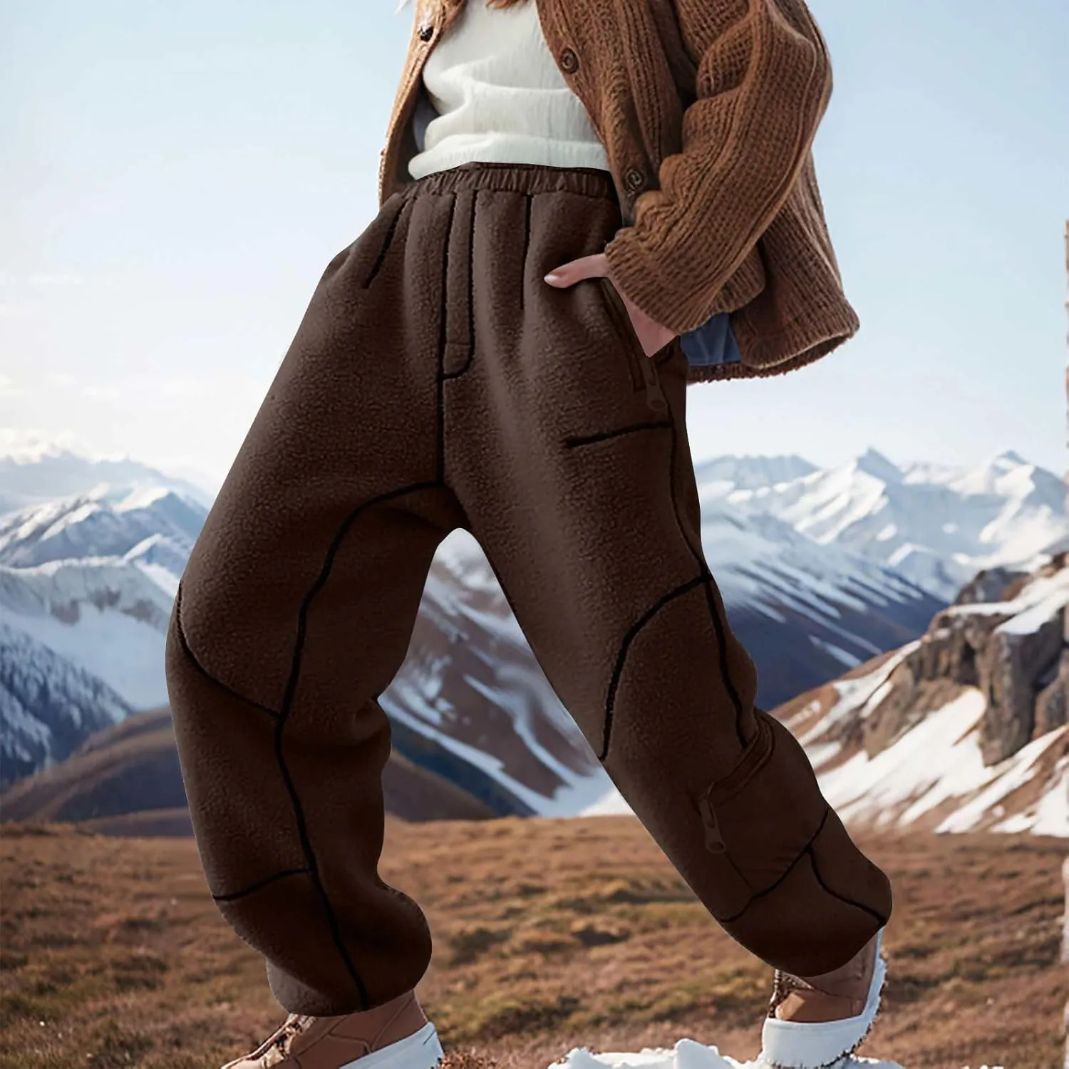 Sweatpants for Women Fleece Sherpa Fluffy Snow Pants Winter Warm Baggy Ski Pants with Pocket
