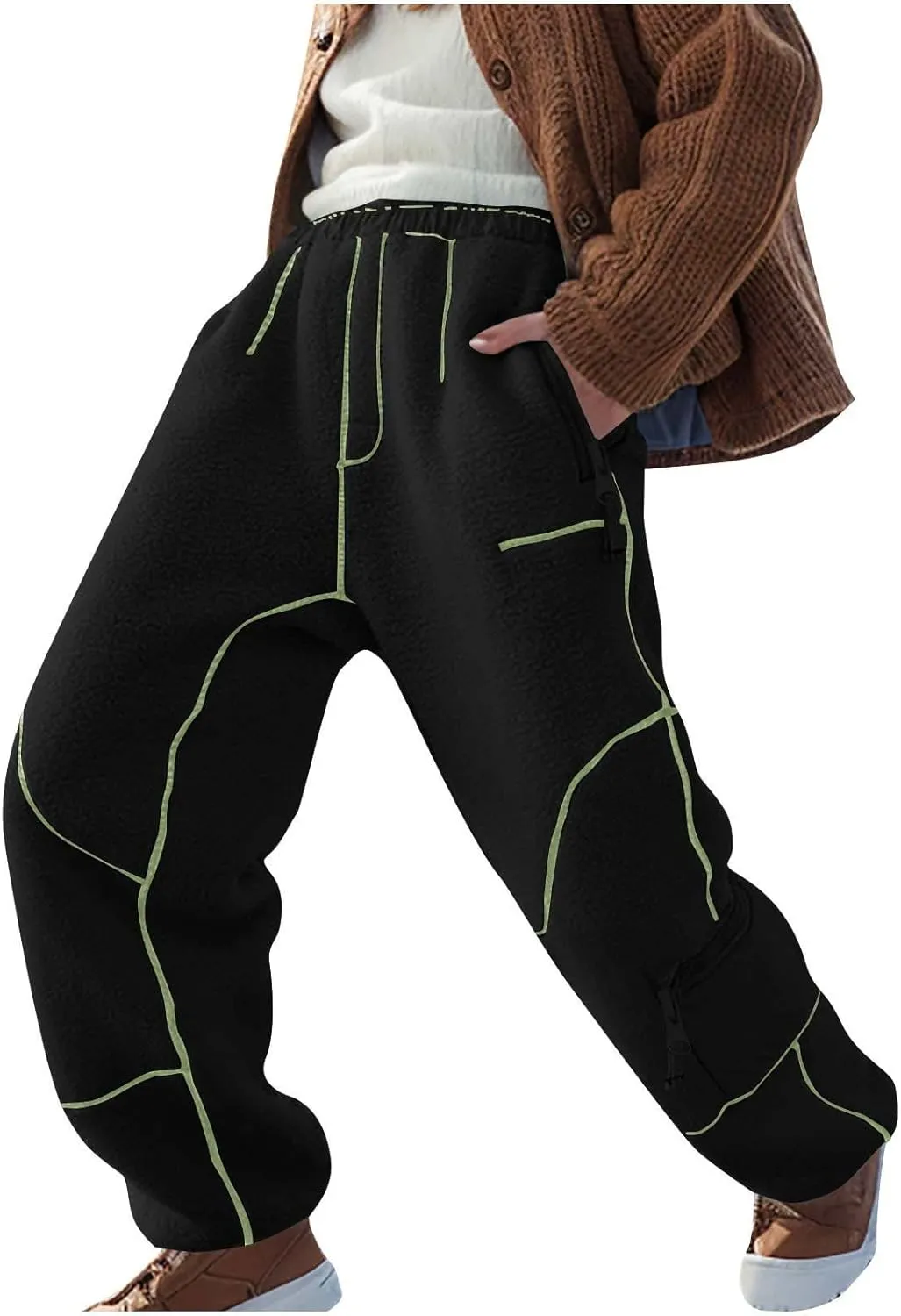 Sweatpants for Women Fleece Sherpa Fluffy Snow Pants Winter Warm Baggy Ski Pants with Pocket