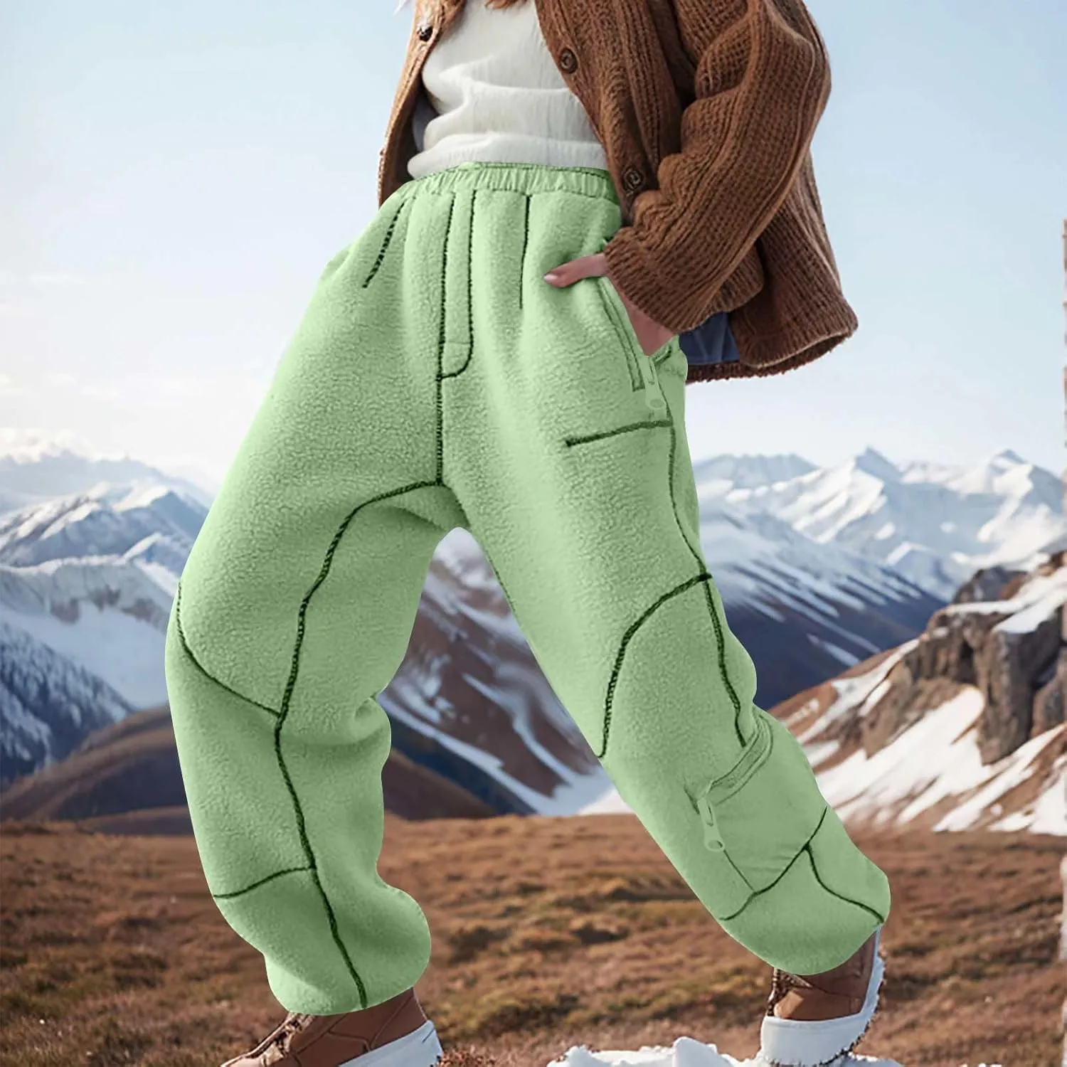 Sweatpants for Women Fleece Sherpa Fluffy Snow Pants Winter Warm Baggy Ski Pants with Pocket