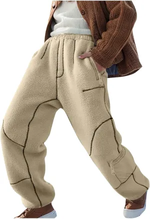 Sweatpants for Women Fleece Sherpa Fluffy Snow Pants Winter Warm Baggy Ski Pants with Pocket