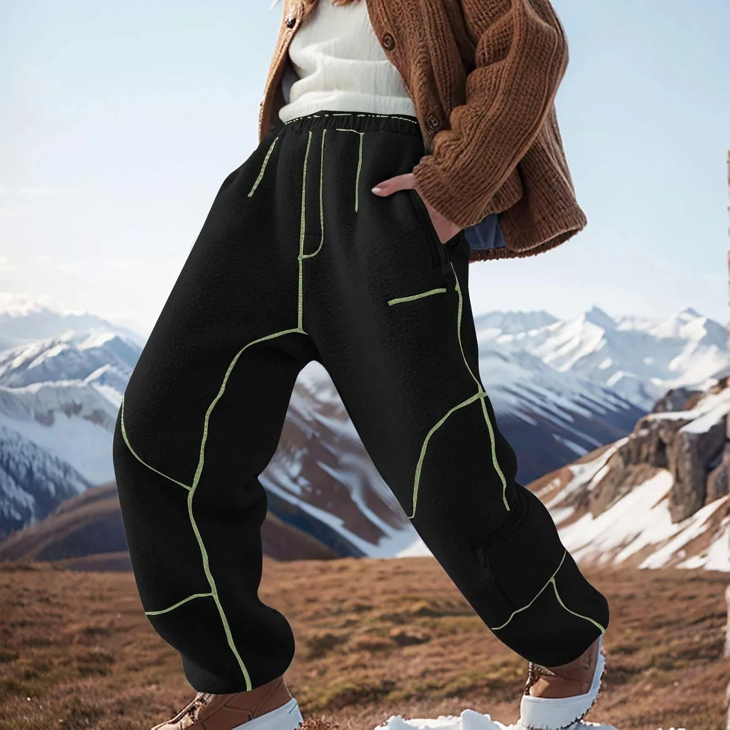 Sweatpants for Women Fleece Sherpa Fluffy Snow Pants Winter Warm Baggy Ski Pants with Pocket