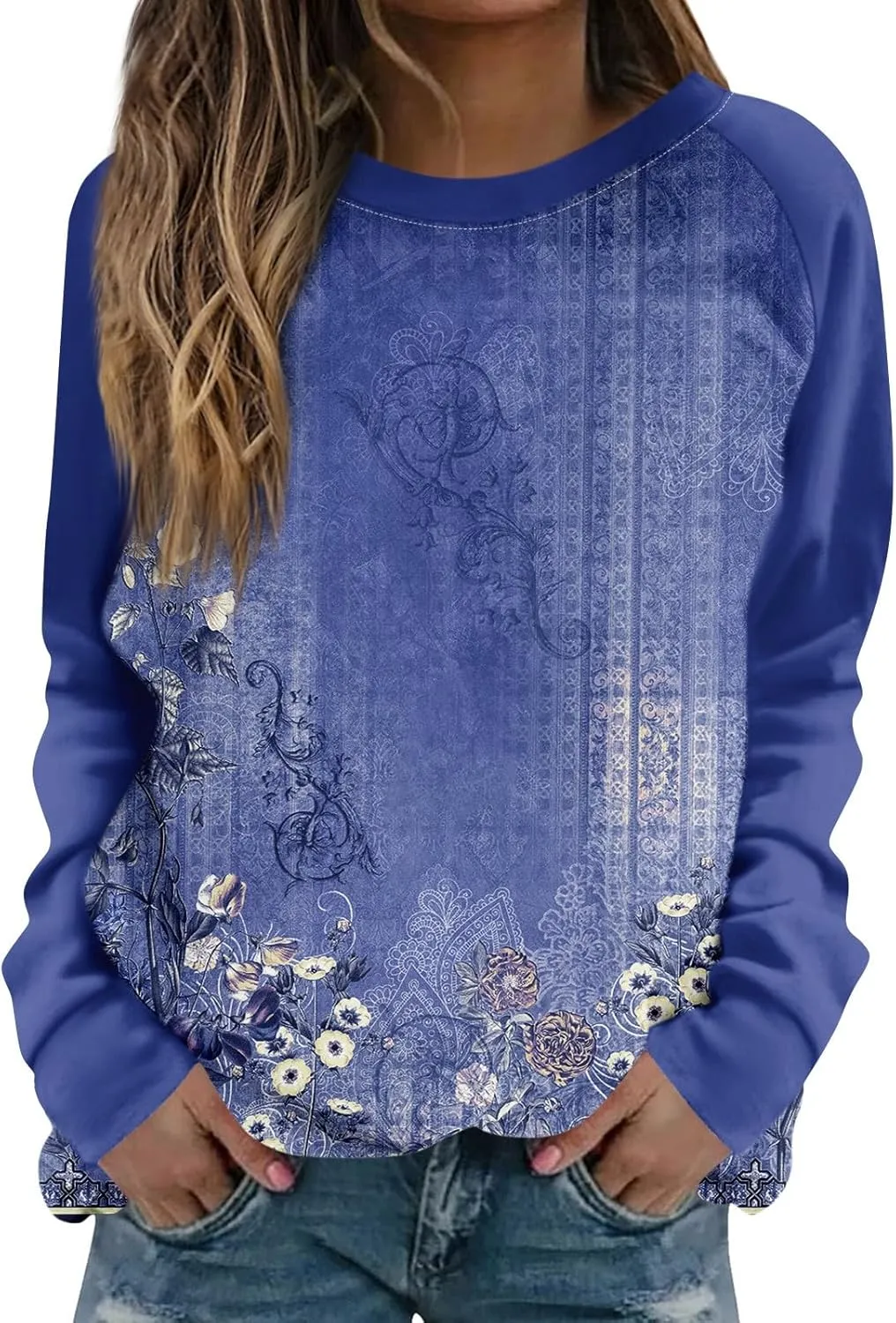 Sweatshirts for Women Floral Print Long Sleeve Cute Shirts Crewneck Graphic Plus Size Clothing Clothes