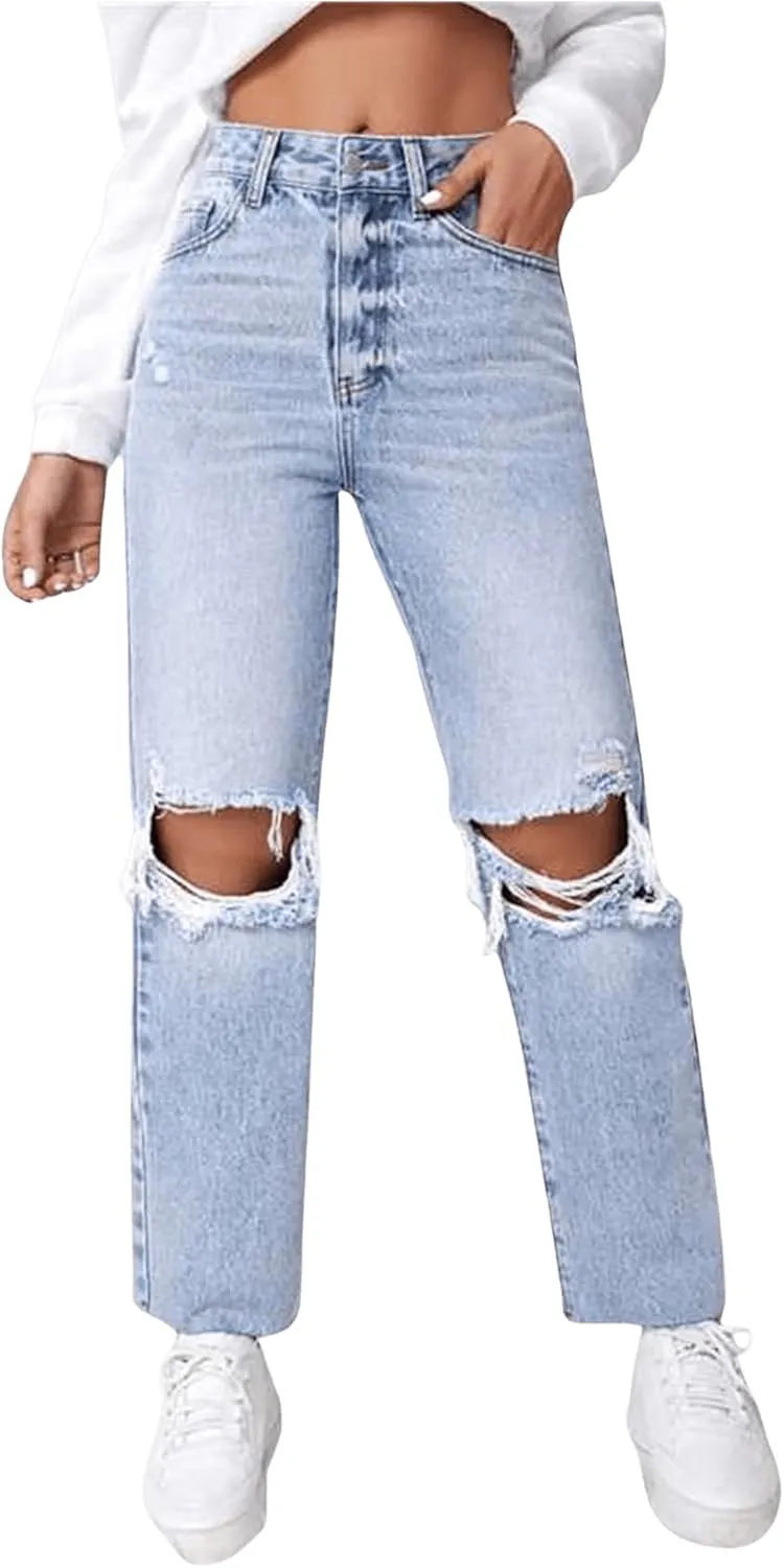 SweatyRocks Women's High Waist Ripped Distressed Cropped Jeans Straight Leg Denim Pants