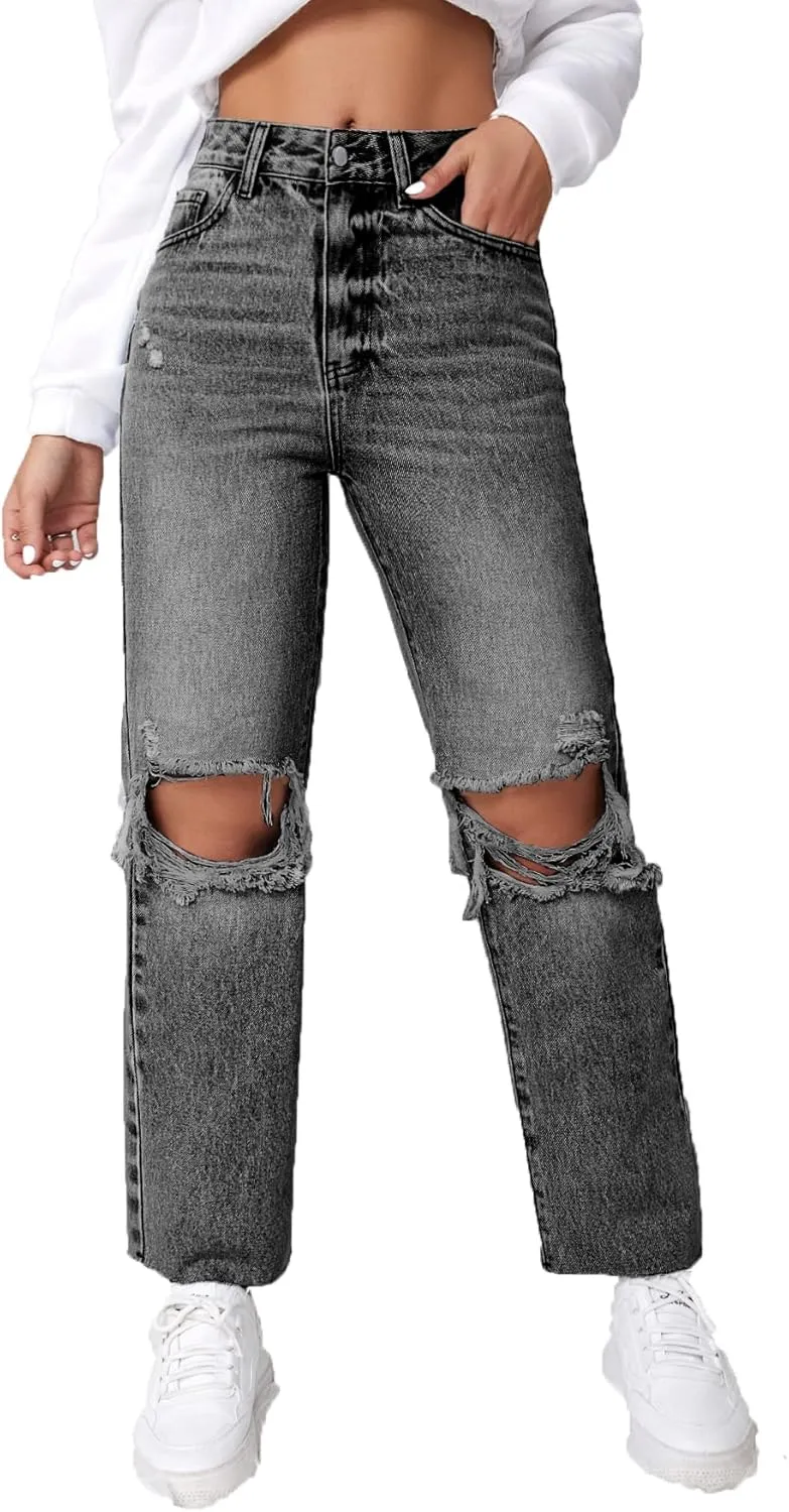 SweatyRocks Women's High Waist Ripped Distressed Cropped Jeans Straight Leg Denim Pants