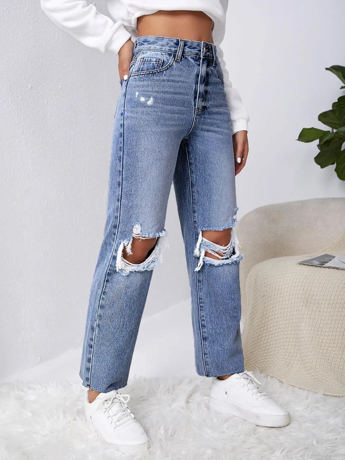 SweatyRocks Women's High Waist Ripped Distressed Cropped Jeans Straight Leg Denim Pants