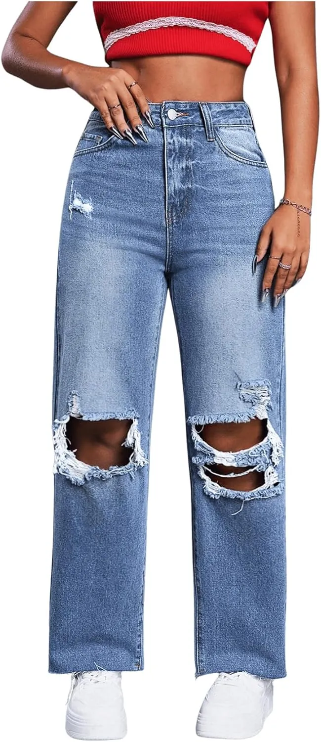 SweatyRocks Women's High Waist Ripped Distressed Cropped Jeans Straight Leg Denim Pants