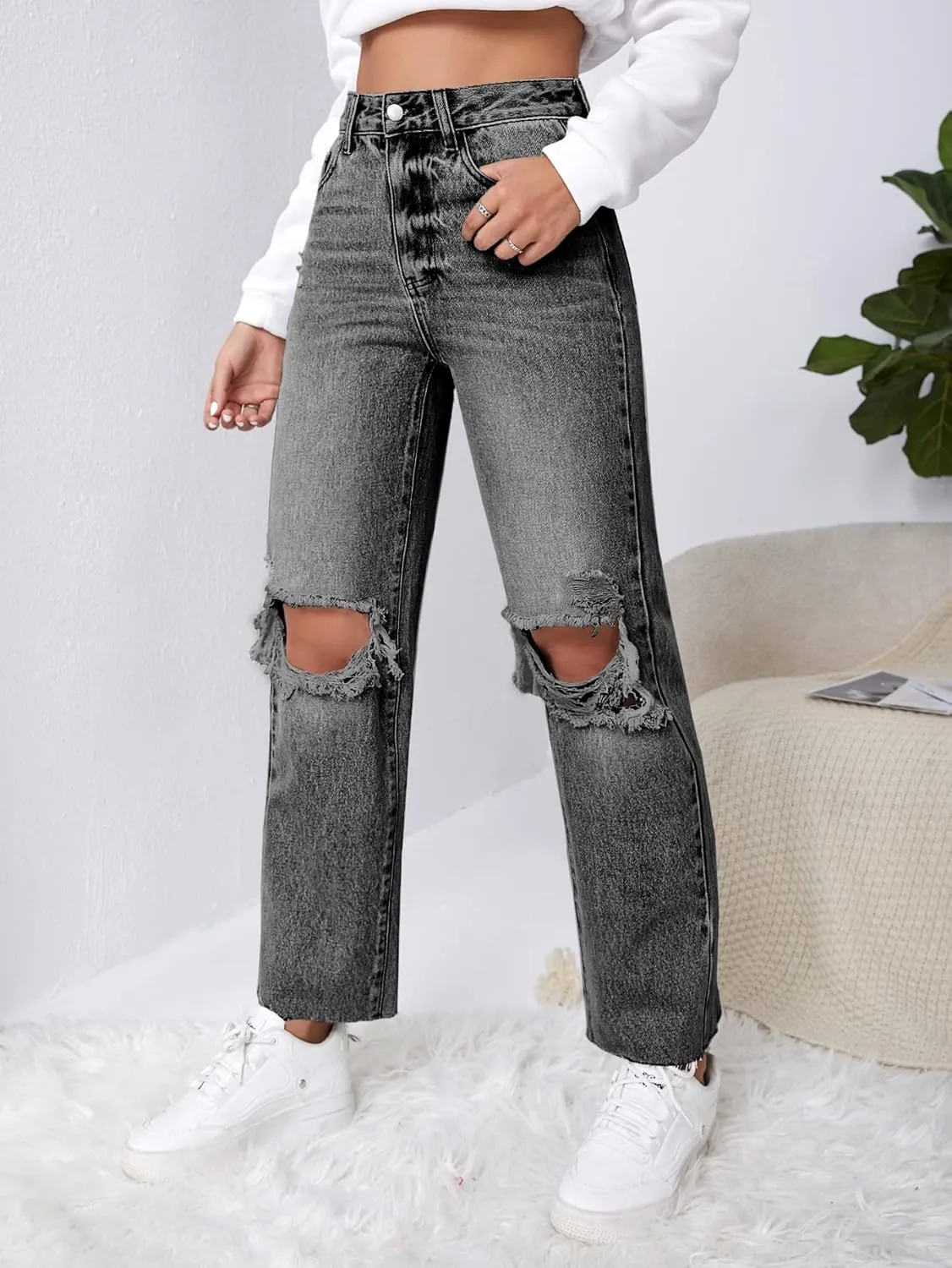 SweatyRocks Women's High Waist Ripped Distressed Cropped Jeans Straight Leg Denim Pants