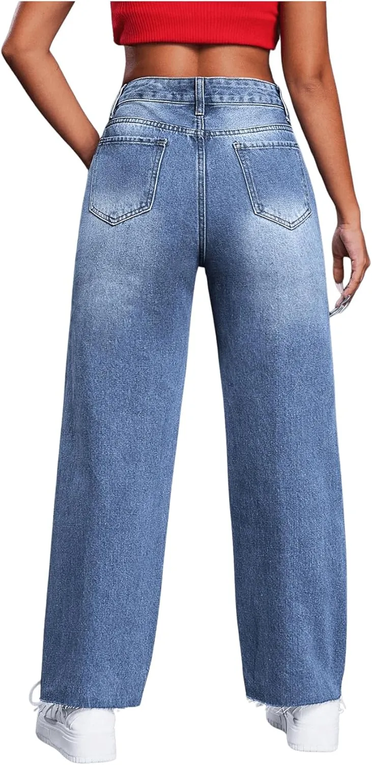 SweatyRocks Women's High Waist Ripped Distressed Cropped Jeans Straight Leg Denim Pants