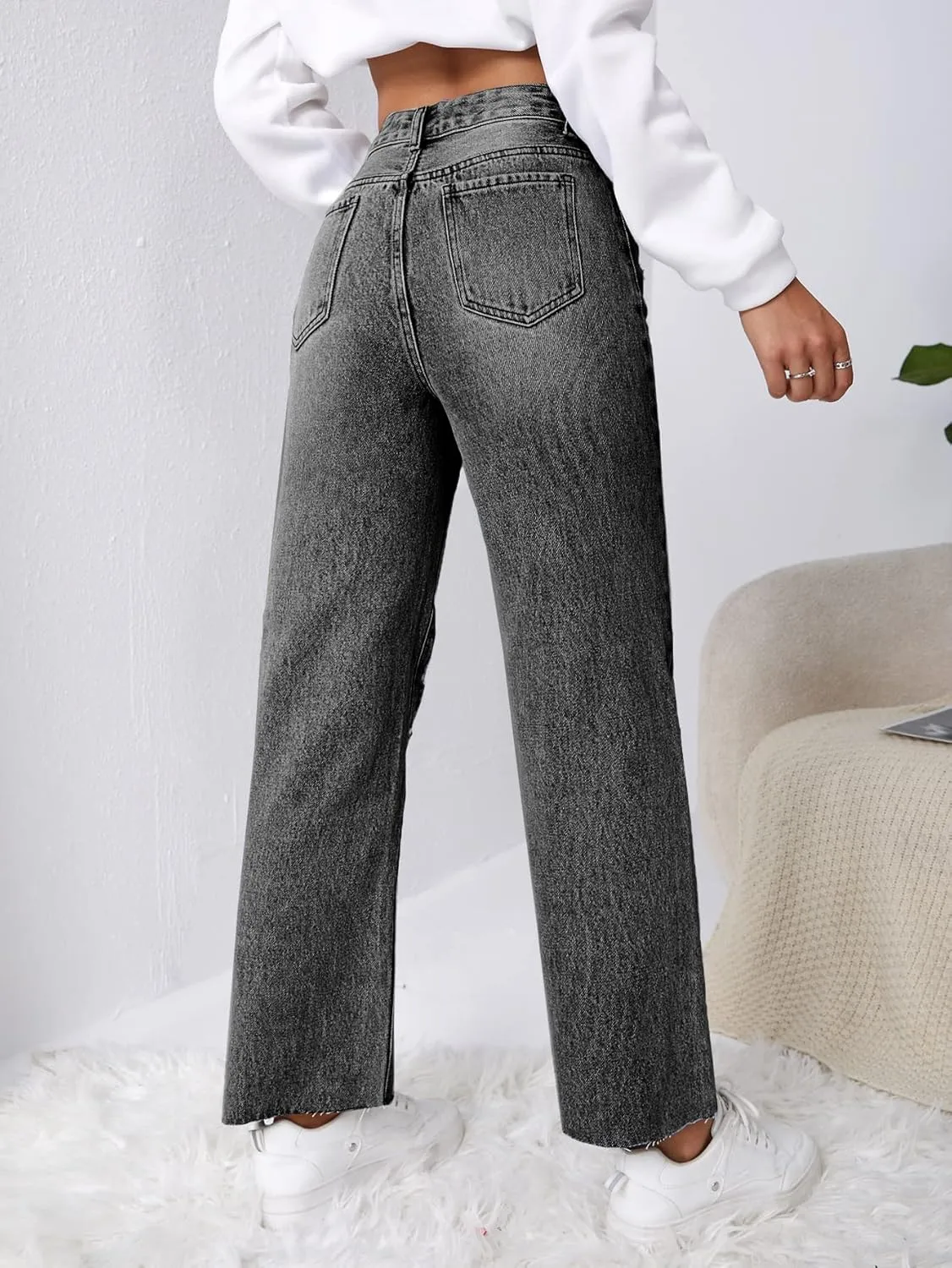 SweatyRocks Women's High Waist Ripped Distressed Cropped Jeans Straight Leg Denim Pants