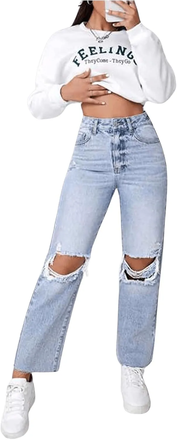 SweatyRocks Women's High Waist Ripped Distressed Cropped Jeans Straight Leg Denim Pants