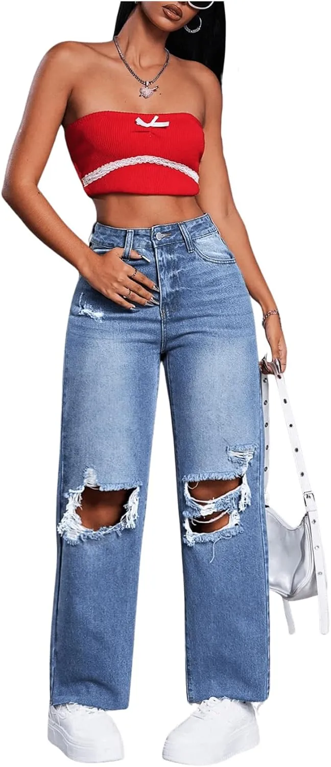 SweatyRocks Women's High Waist Ripped Distressed Cropped Jeans Straight Leg Denim Pants