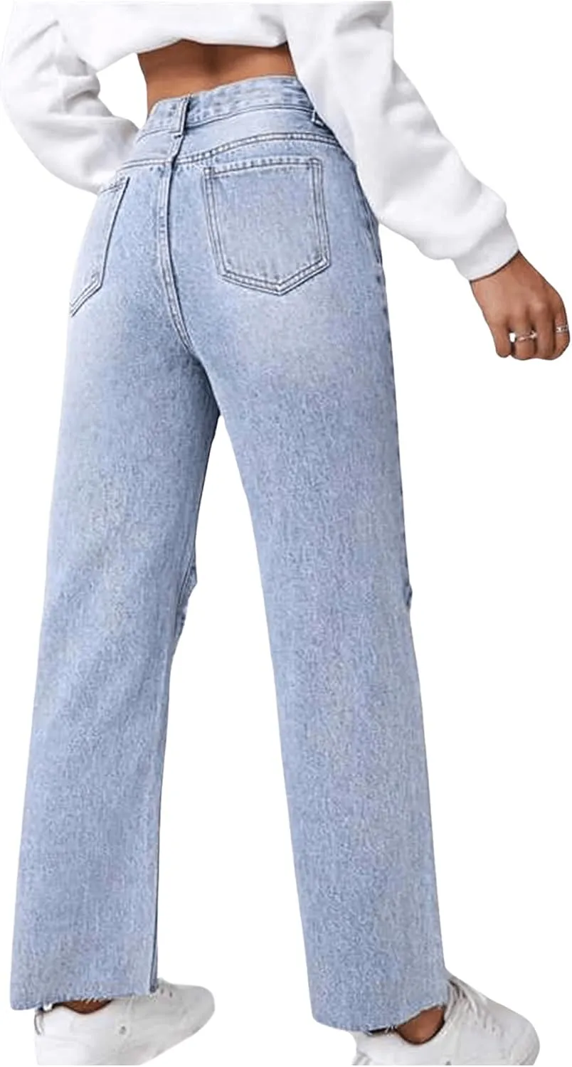 SweatyRocks Women's High Waist Ripped Distressed Cropped Jeans Straight Leg Denim Pants