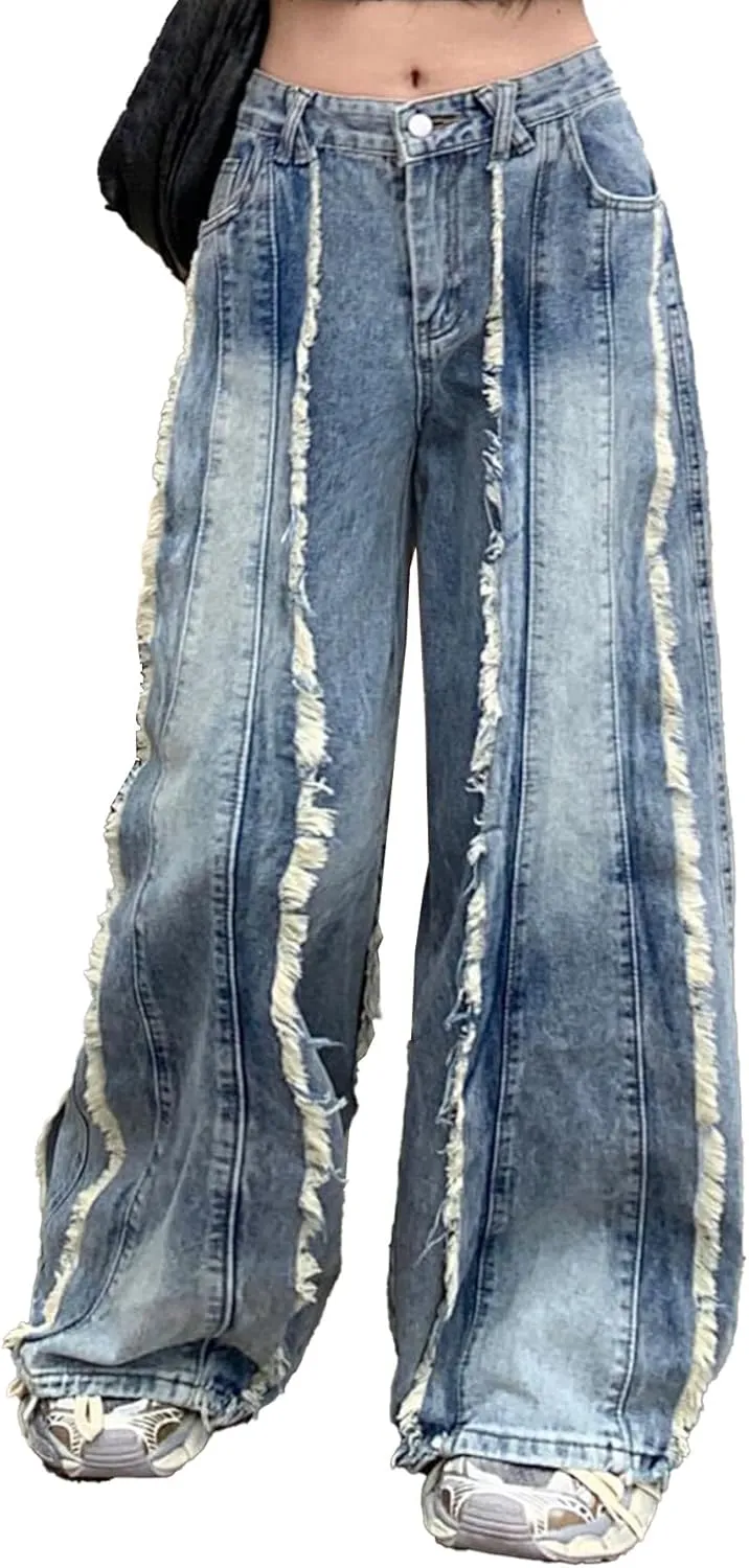 Tbahhir Baggy Wide Leg Jeans for Women Frayed Fringe Distressed Patchwork High Waisted Boyfriend Y2K Denim Pants Trendy