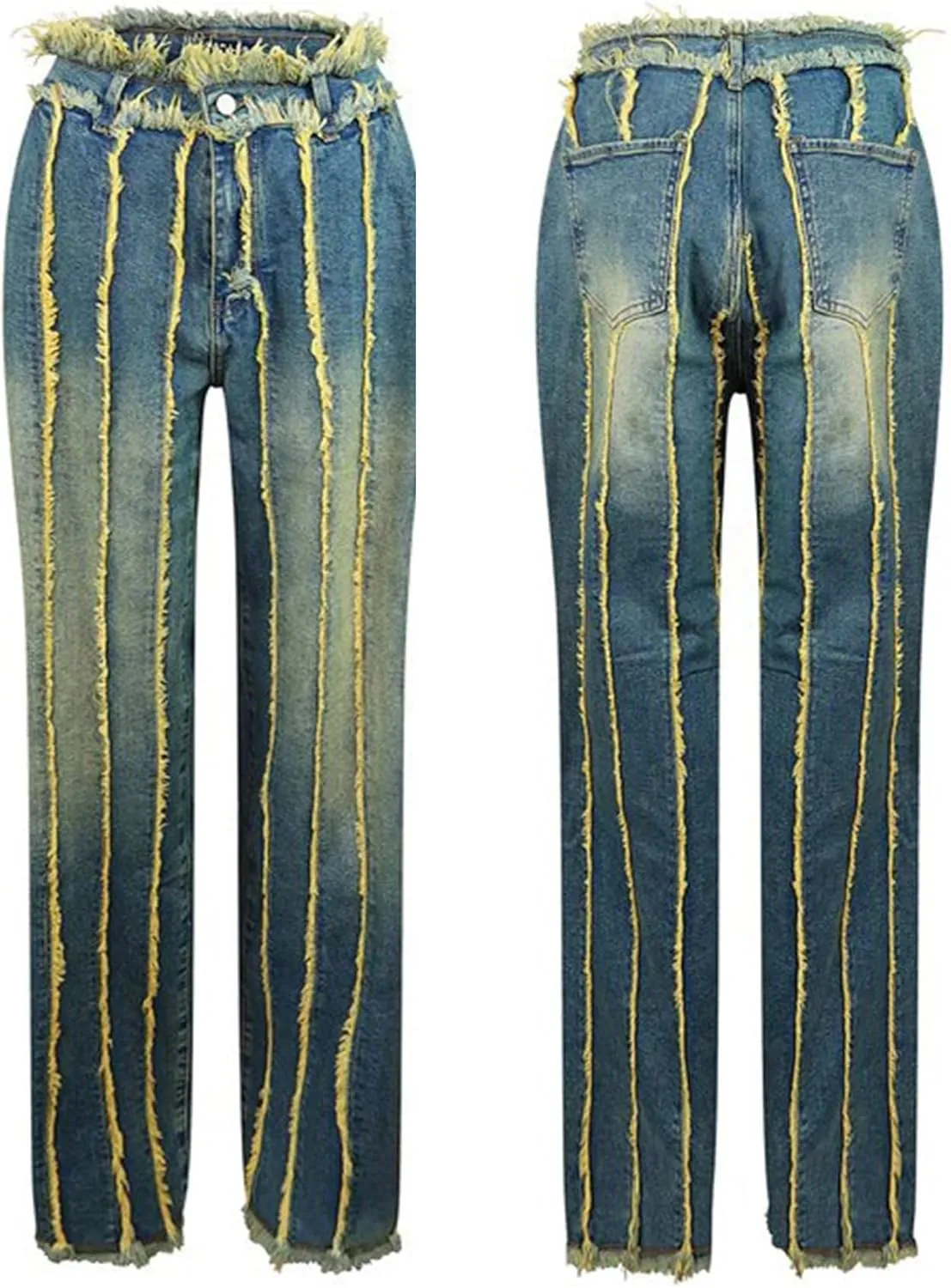 Tbahhir Baggy Wide Leg Jeans for Women Frayed Fringe Distressed Patchwork High Waisted Boyfriend Y2K Denim Pants Trendy