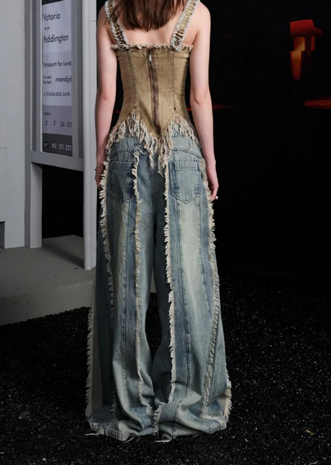 Tbahhir Baggy Wide Leg Jeans for Women Frayed Fringe Distressed Patchwork High Waisted Boyfriend Y2K Denim Pants Trendy