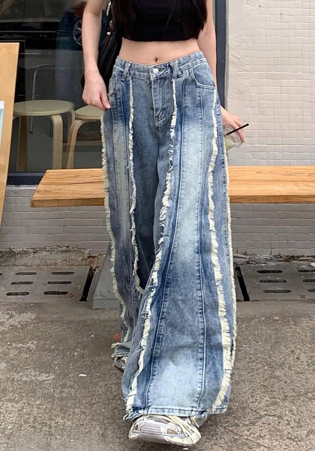 Tbahhir Baggy Wide Leg Jeans for Women Frayed Fringe Distressed Patchwork High Waisted Boyfriend Y2K Denim Pants Trendy