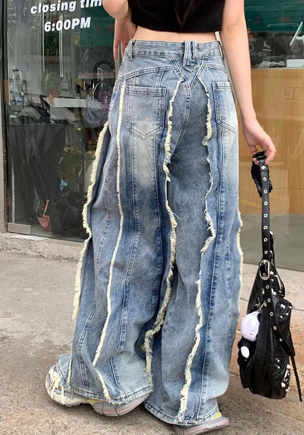 Tbahhir Baggy Wide Leg Jeans for Women Frayed Fringe Distressed Patchwork High Waisted Boyfriend Y2K Denim Pants Trendy