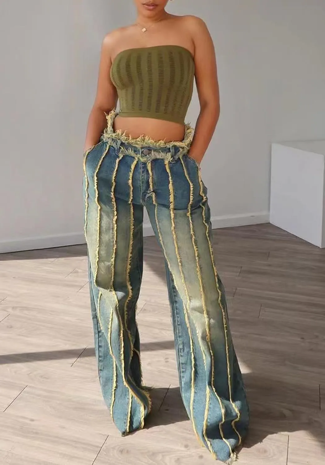 Tbahhir Baggy Wide Leg Jeans for Women Frayed Fringe Distressed Patchwork High Waisted Boyfriend Y2K Denim Pants Trendy