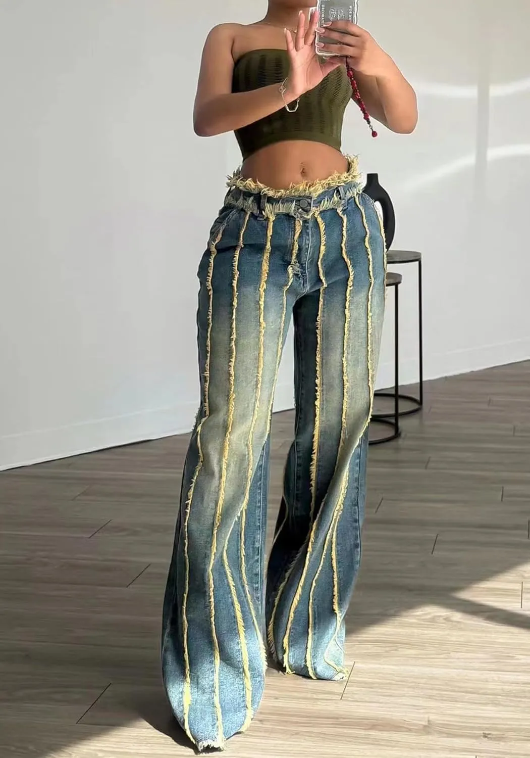 Tbahhir Baggy Wide Leg Jeans for Women Frayed Fringe Distressed Patchwork High Waisted Boyfriend Y2K Denim Pants Trendy